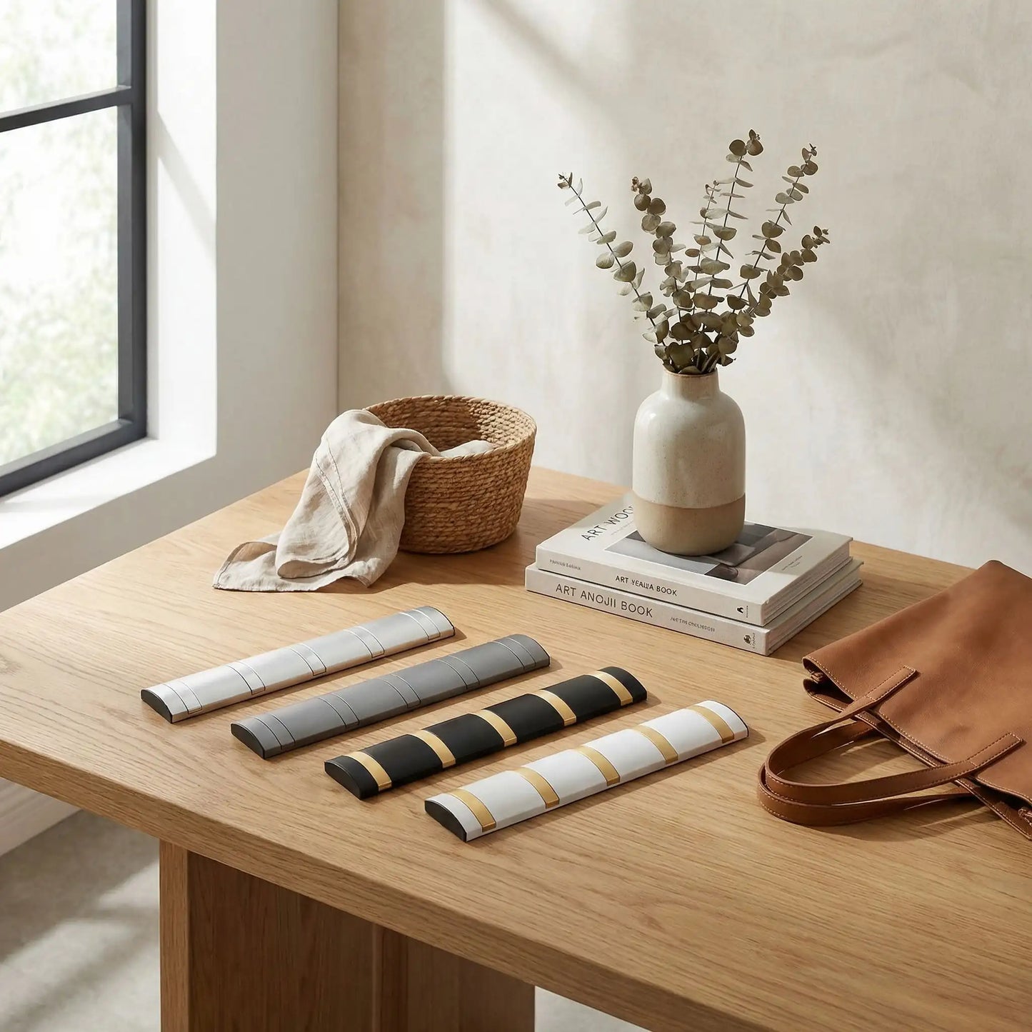 Plusieurs patères porte-manteau posées sur une table, vue d’ensemble du produit