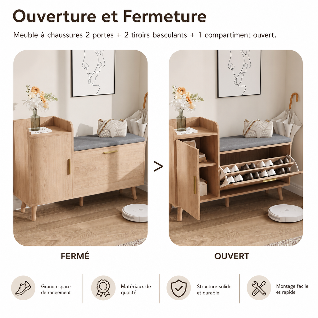 Meuble d'entrée à chaussure fermé et ouvert