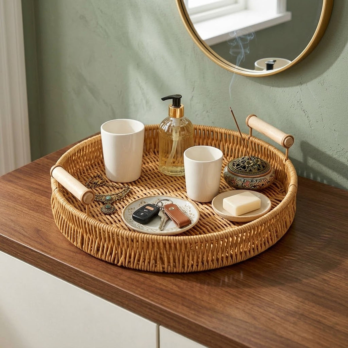 Accessoires zen dans un panier en rotin rond dans une entrée