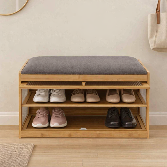 banc de rangement avec chaussures rangées dans une entrée
