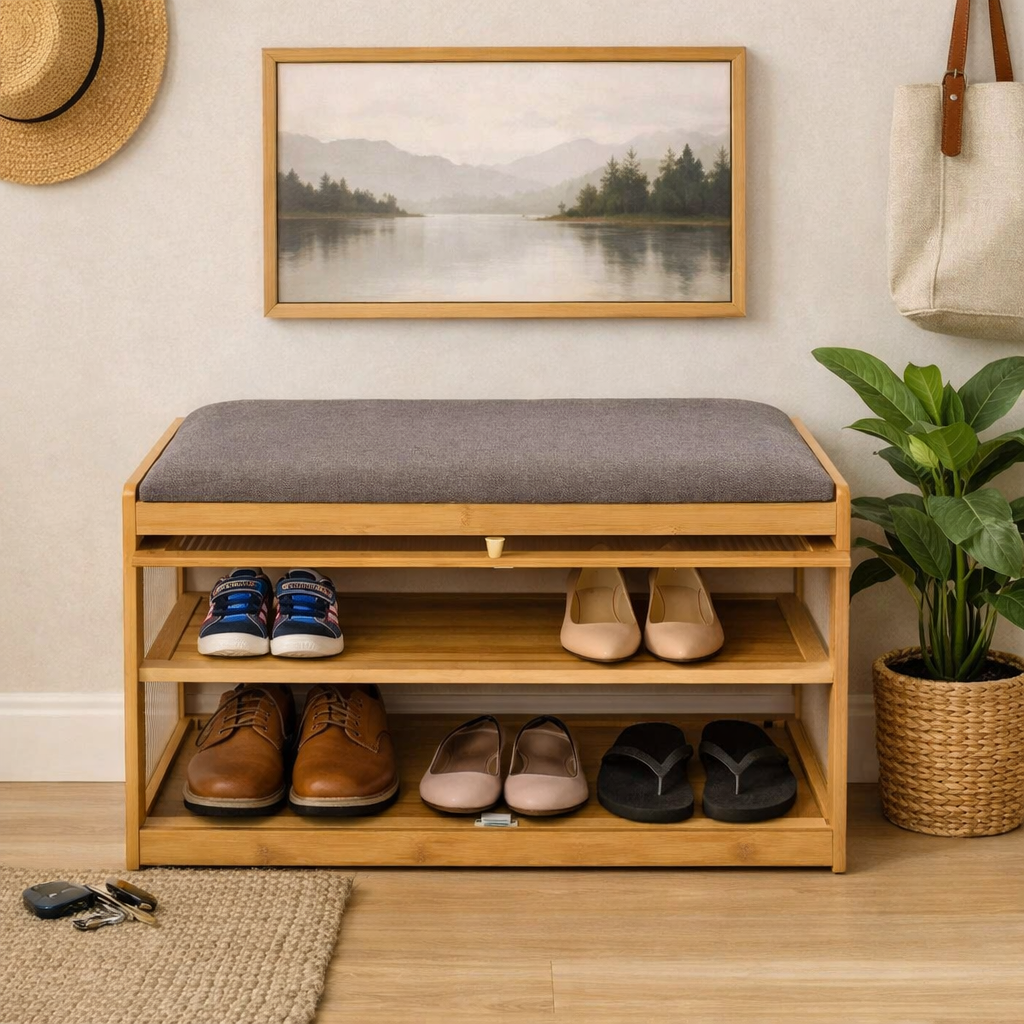 banc de rangement chaussures dans une entrée