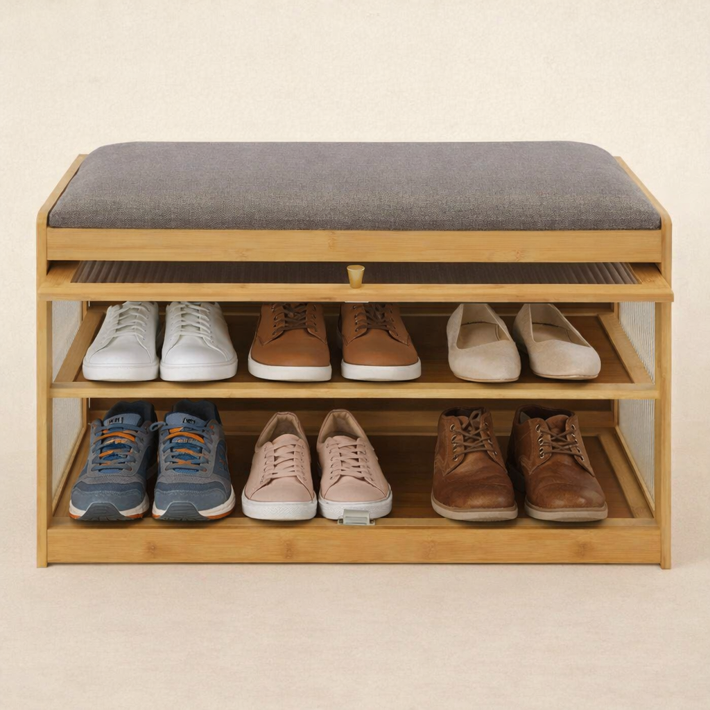banc de rangement chaussures avec chaussures de rangées