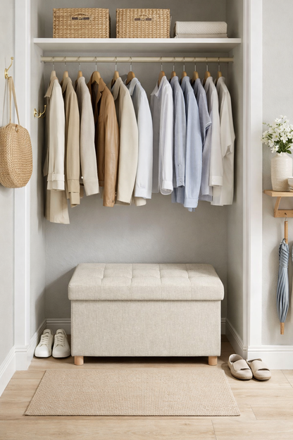 banc de rangement rangé dans un garde robe avec vêtements au dessus