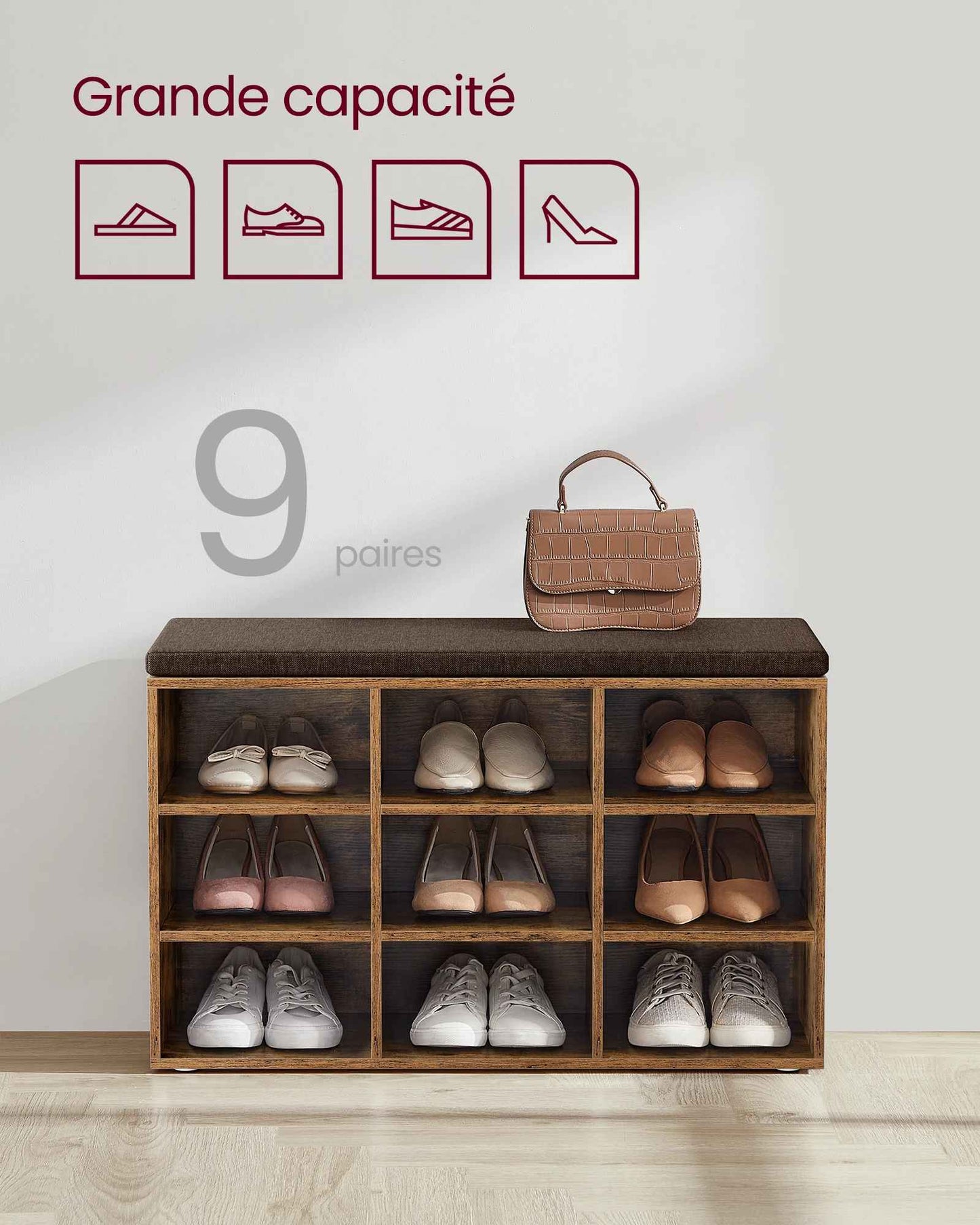 Banc de rangement chaussures à 9 casiers