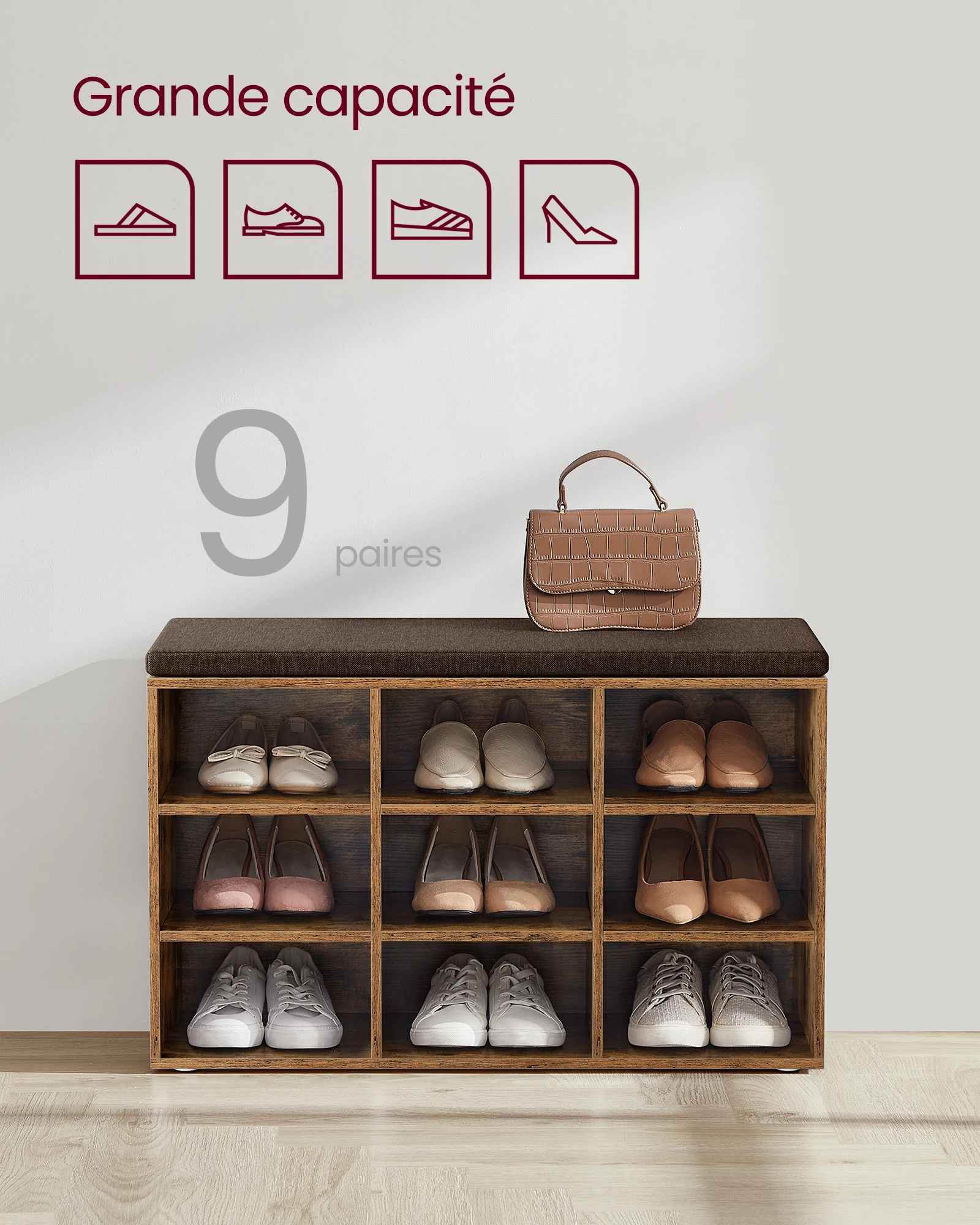 Banc de rangement chaussures à 9 casiers