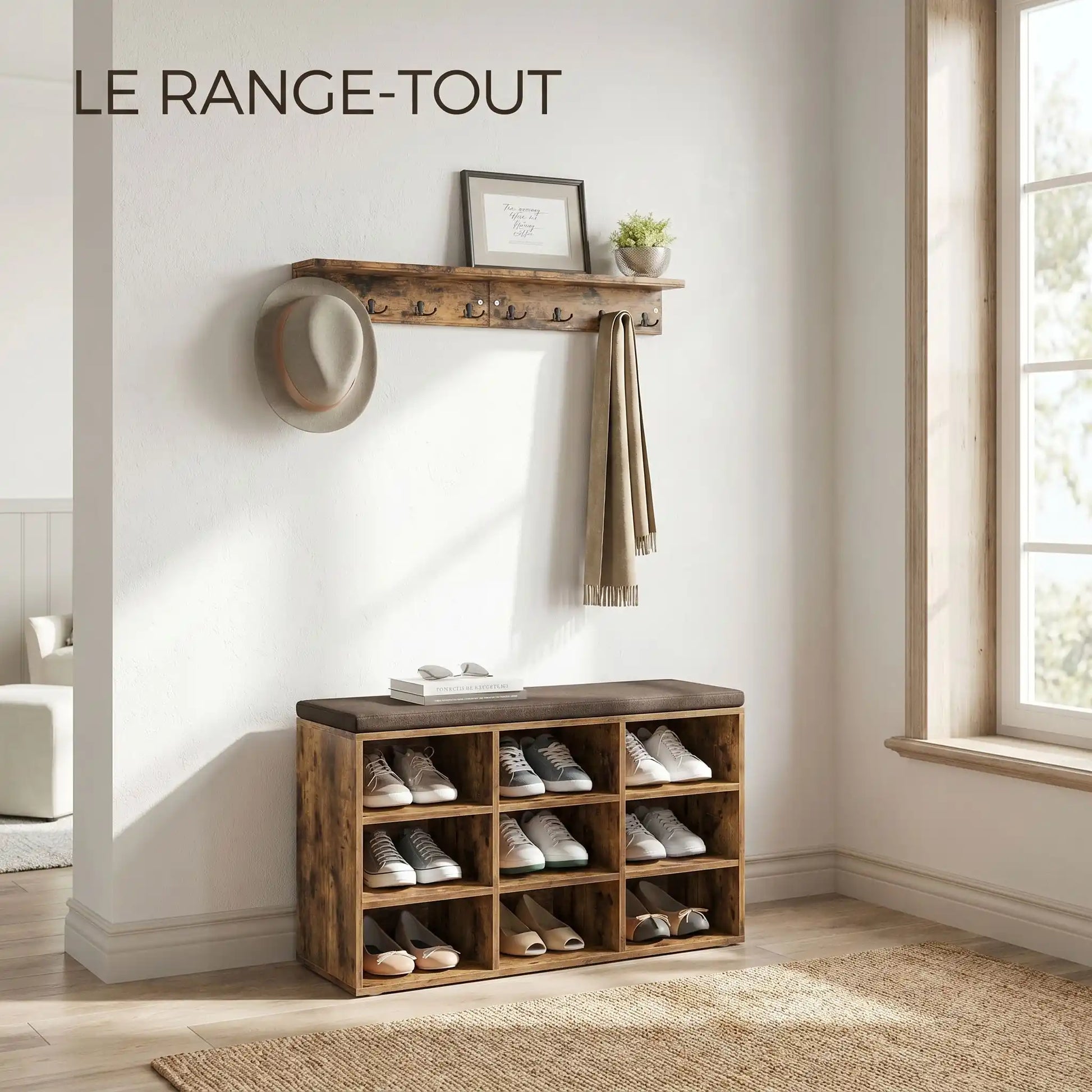 Banc de rangement chaussures dans une entrée 