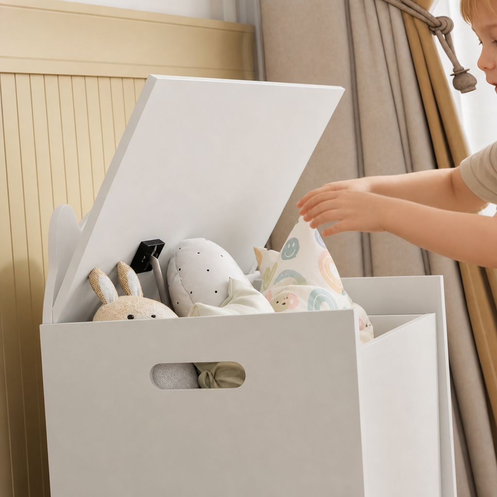 Coffre de rangement avec jouets à l'intérieur