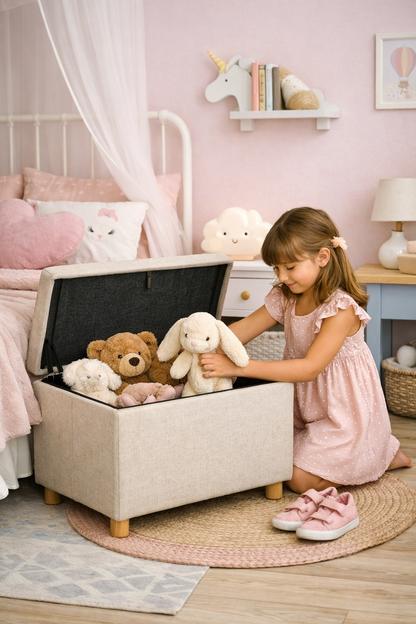 enfant qui place ses peluches dans son banc de rangement 