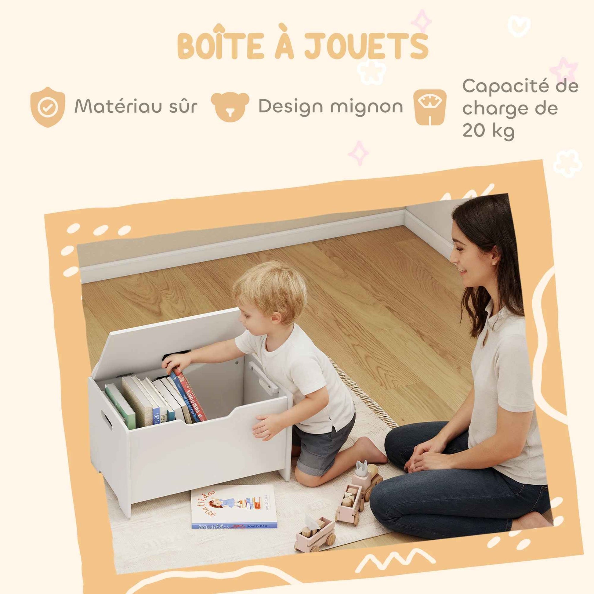 Enfant qui range ses livres dans le coffre de rangement