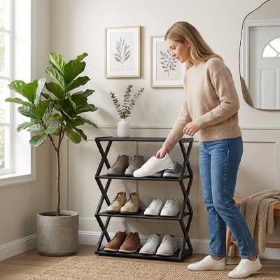 Étagère à chaussures dans un coin d'entrée