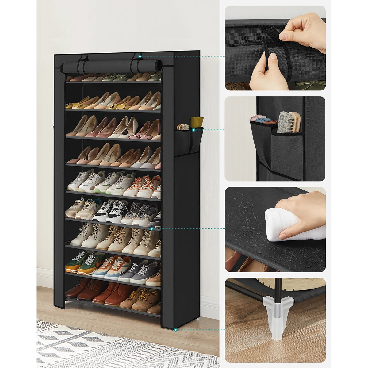Mains qui démontre comment prendre soin et l'utilité de l'étagère à chaussures