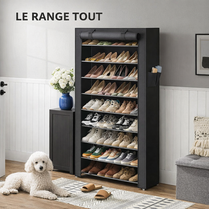 Étagère à chaussures dan un entrée déléguant avec un chien couché par terre