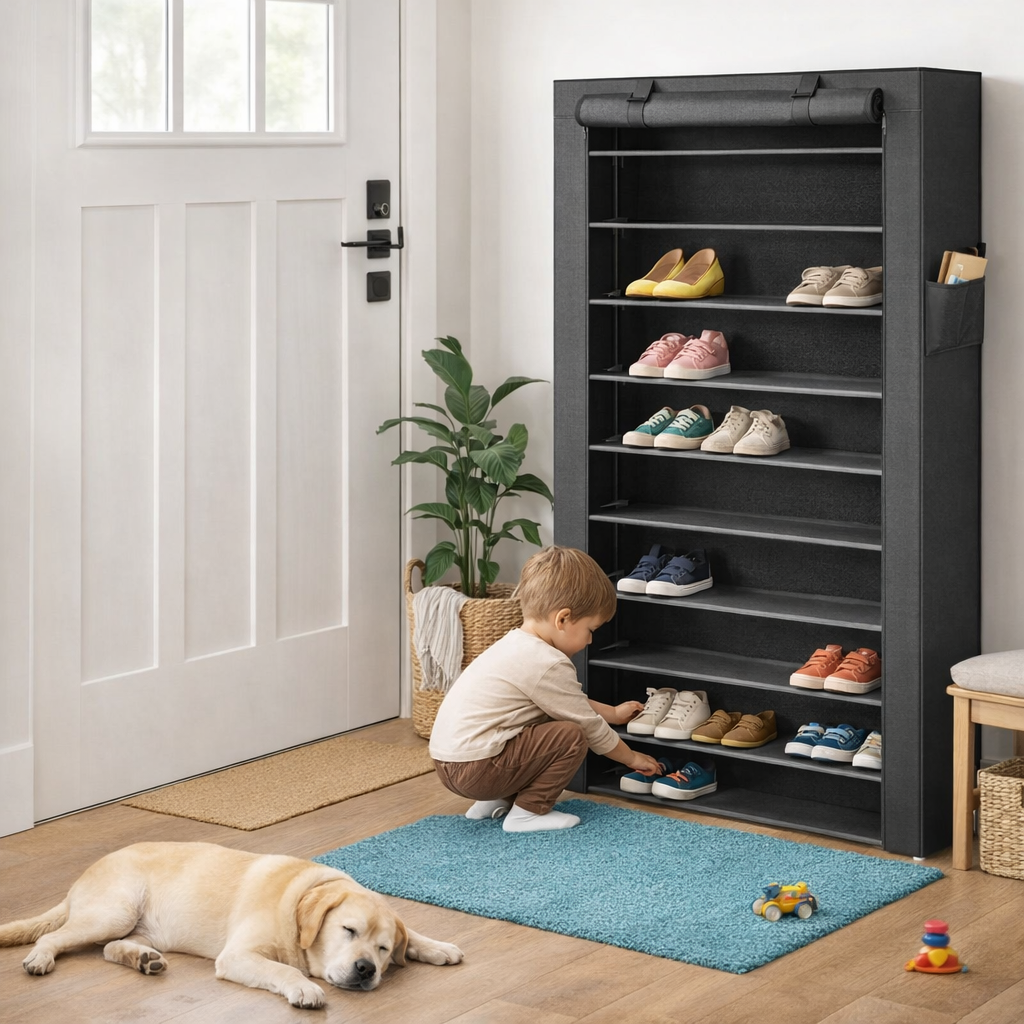 Enfant place ses chaussures dans l'étagère à chaussures 
