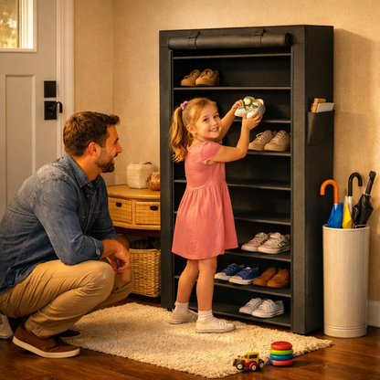 Papa qui regarde sa petite fille prendre ses chaussures dans l'étagère à chaussure