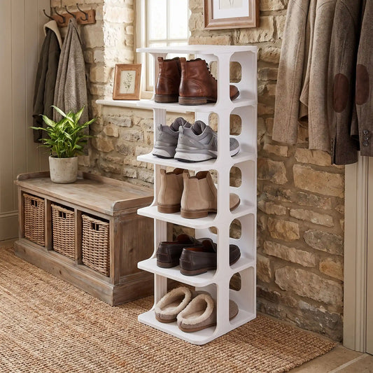 étagère à chaussures dans une entrée rustique
