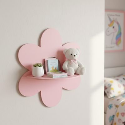 Étagère de bois rose sur un mur de chambre de petite fille
