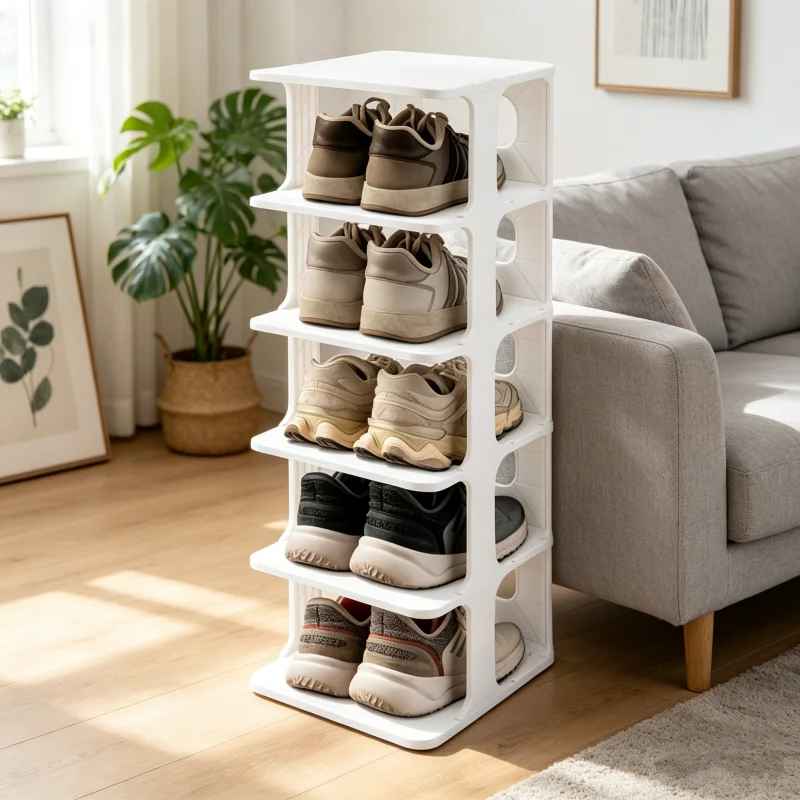 étagère à chaussures dans l'entrée du salon