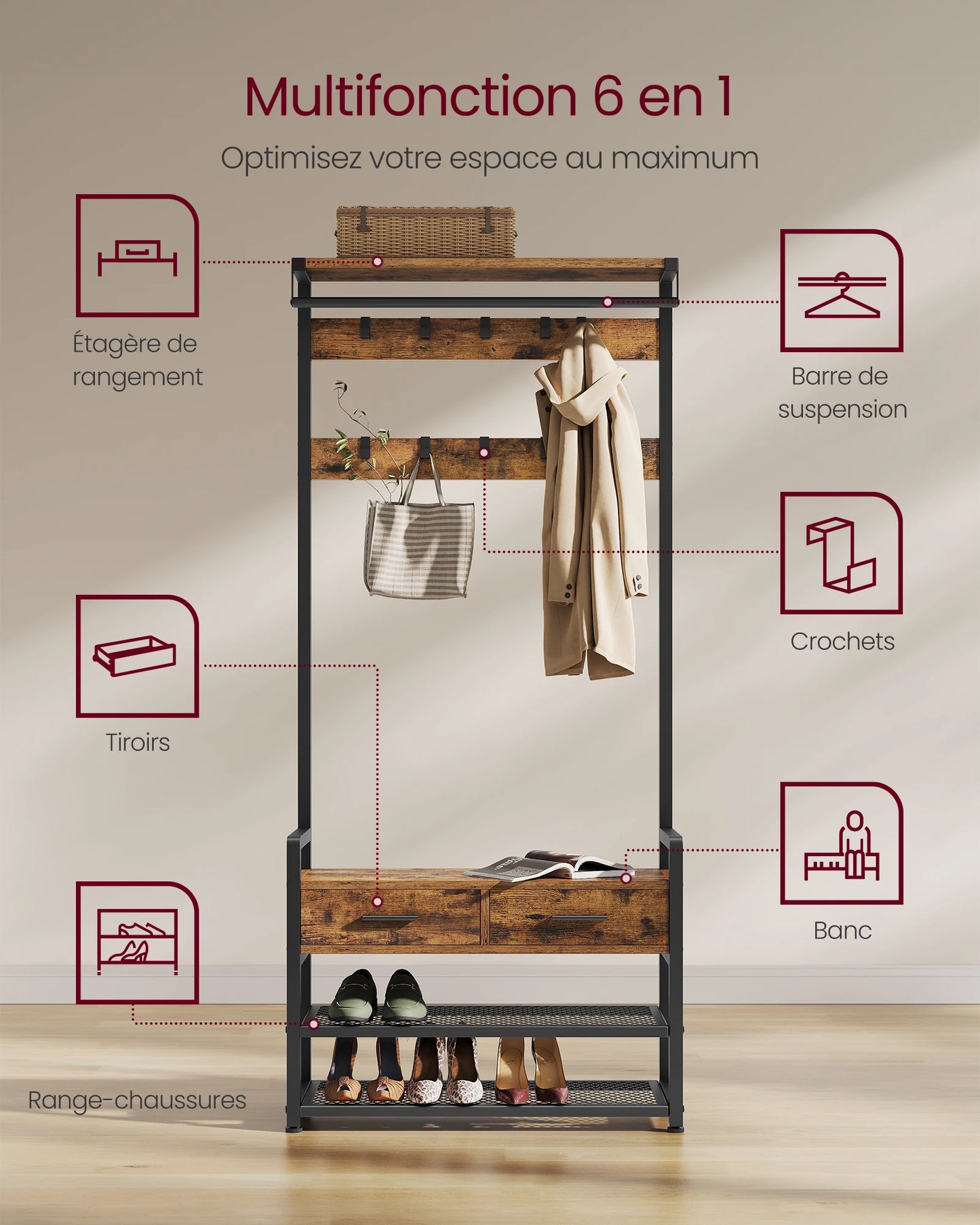 détails visuel de l'étagère à chaussures 6 en 1 pour l'entrée