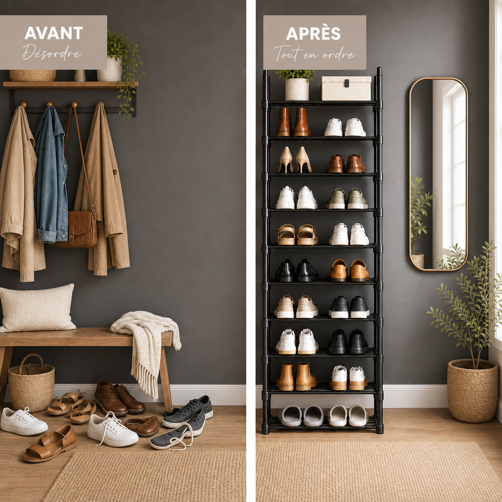 Étagère à chaussures qui montre le avant et après du rangement dans celui ci