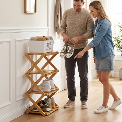 Étagère à chaussures dans un couloir