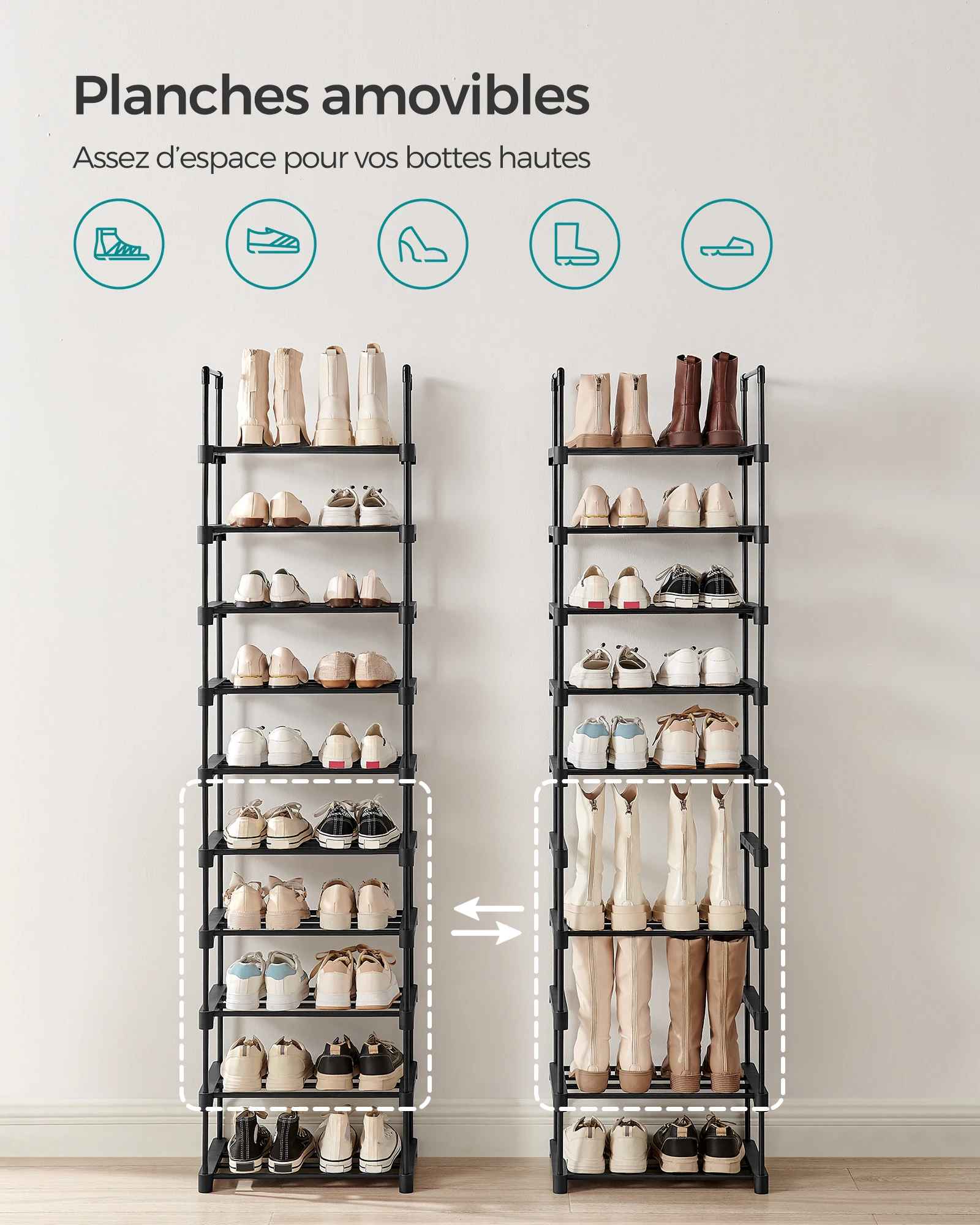Étagère à chaussures avec la hauteur des niveaux réglable
