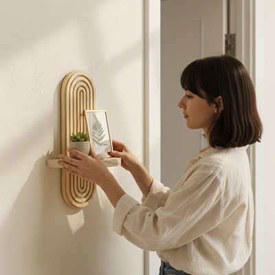 Femme qui place des décorations sur l'étagère murale en bois