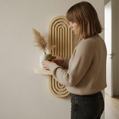 Femme qui place une plante sur l'étagère murale en bois
