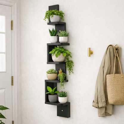Étagère murale noire avec plantes dans un hall d’entrée