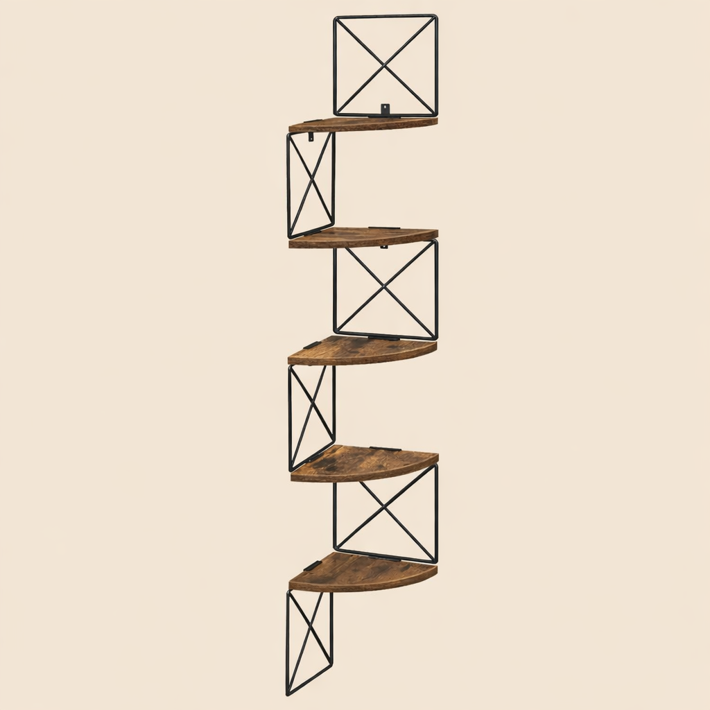 Étagère murale d’angle rustique 5 niveaux bois et métal Le Range-Tout