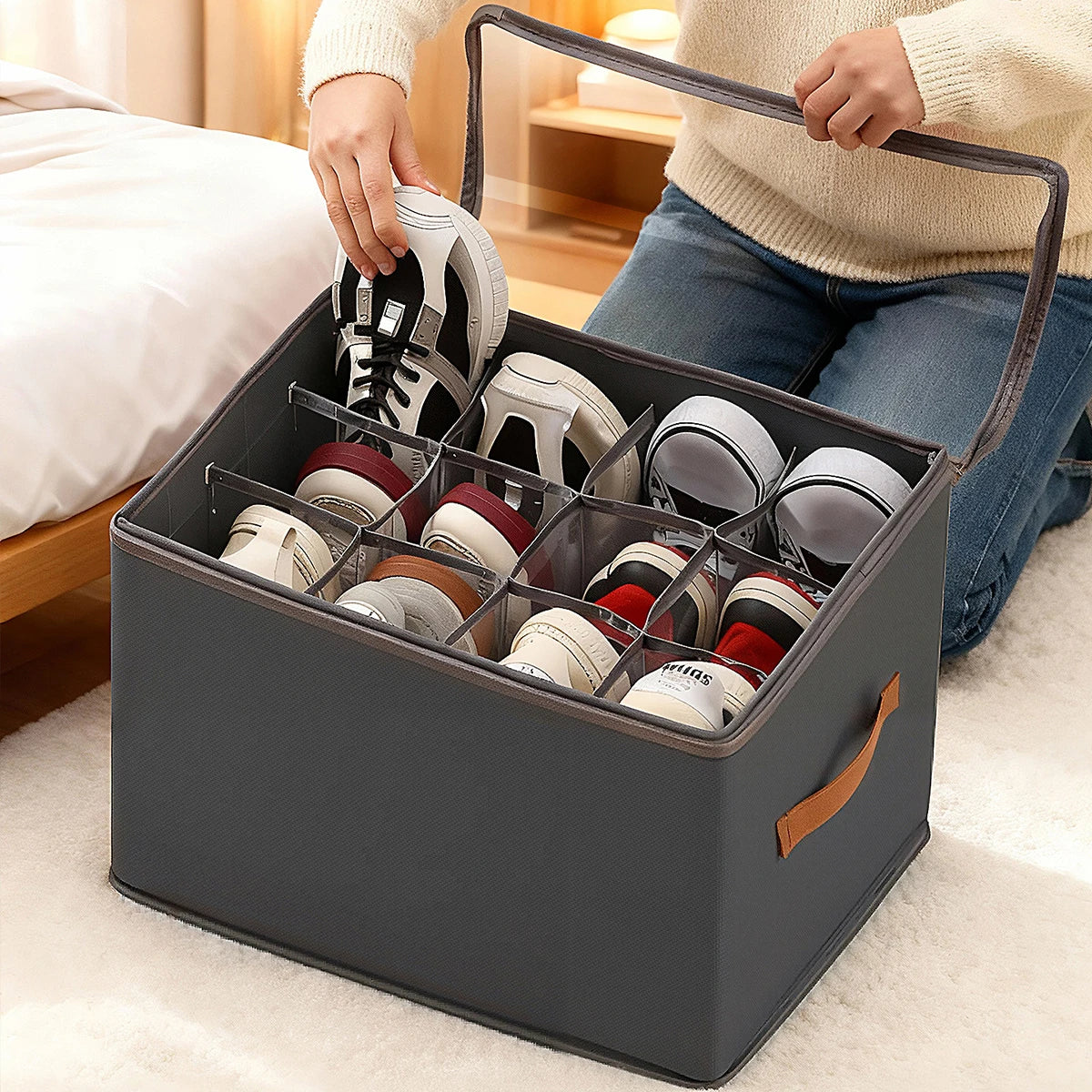 femme qui insère une chaussure dans le range chaussures