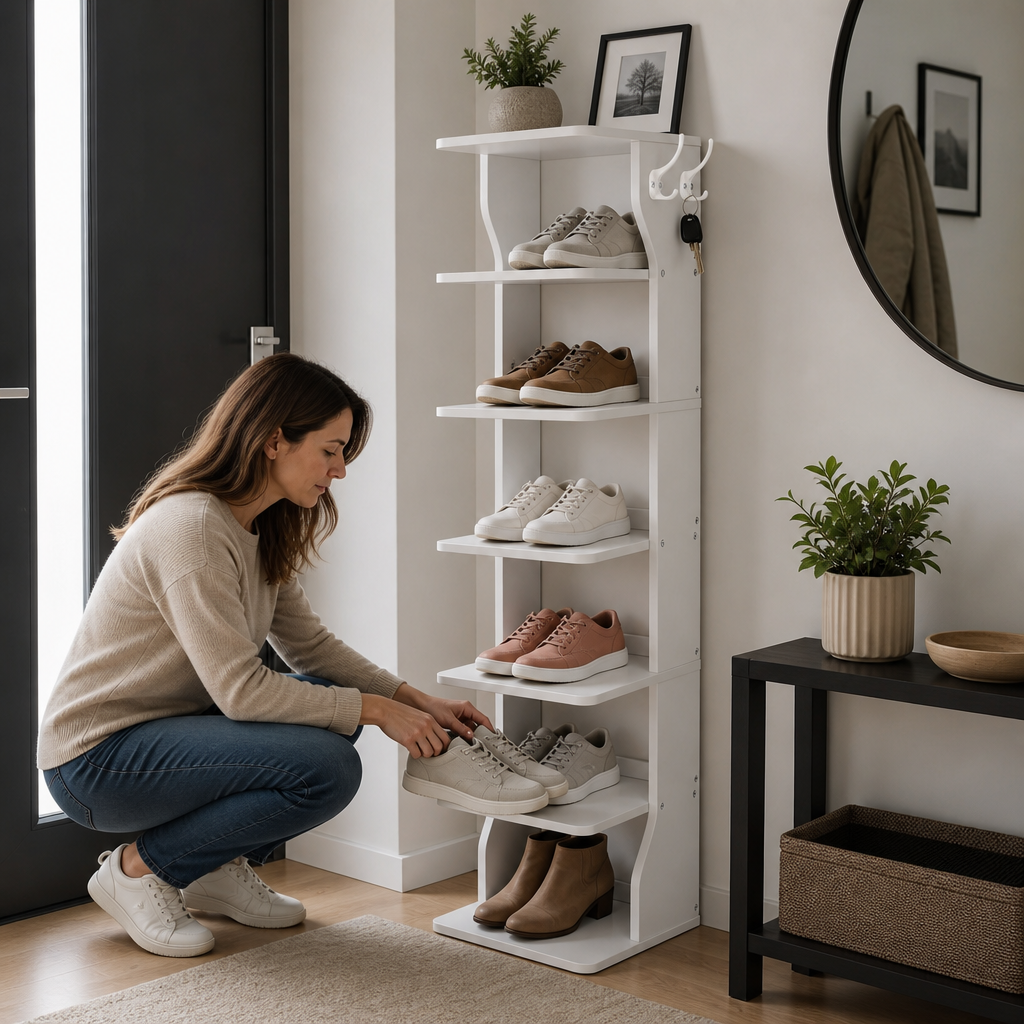 Une femme met ses chaussures dans l'étagère