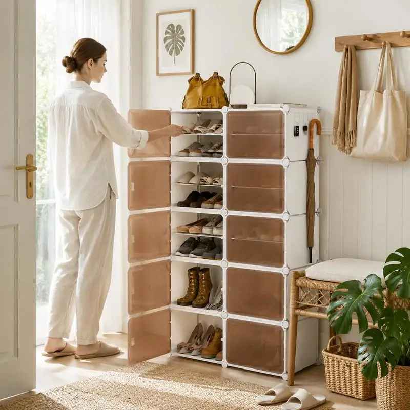 Une femme place des chaussures dans le cube de rangement