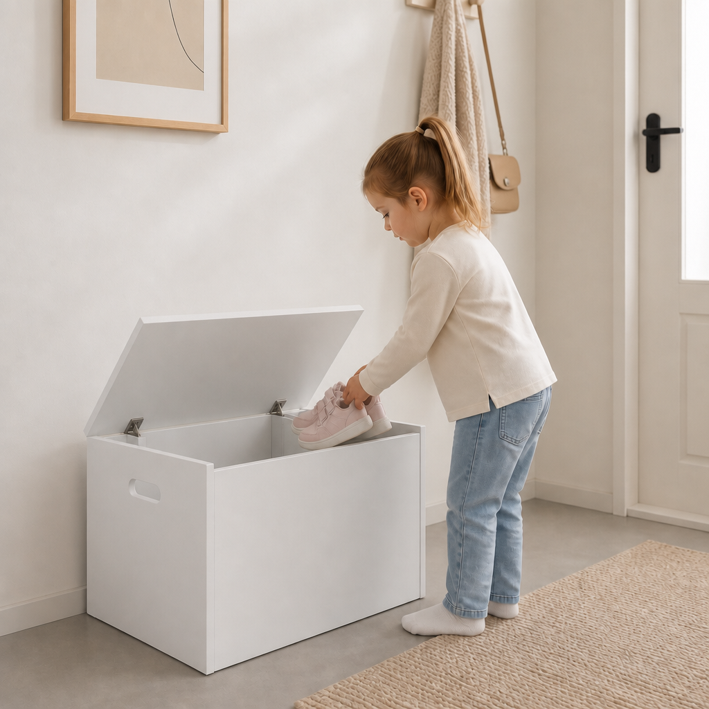 Une fillette range ses chaussures dans le coffre de rangement