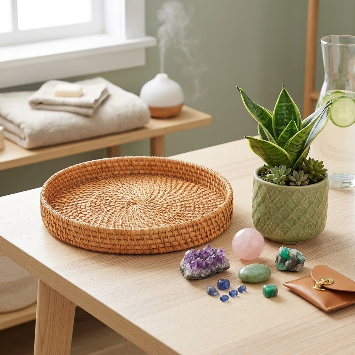 Panier en osier dans un décor zen