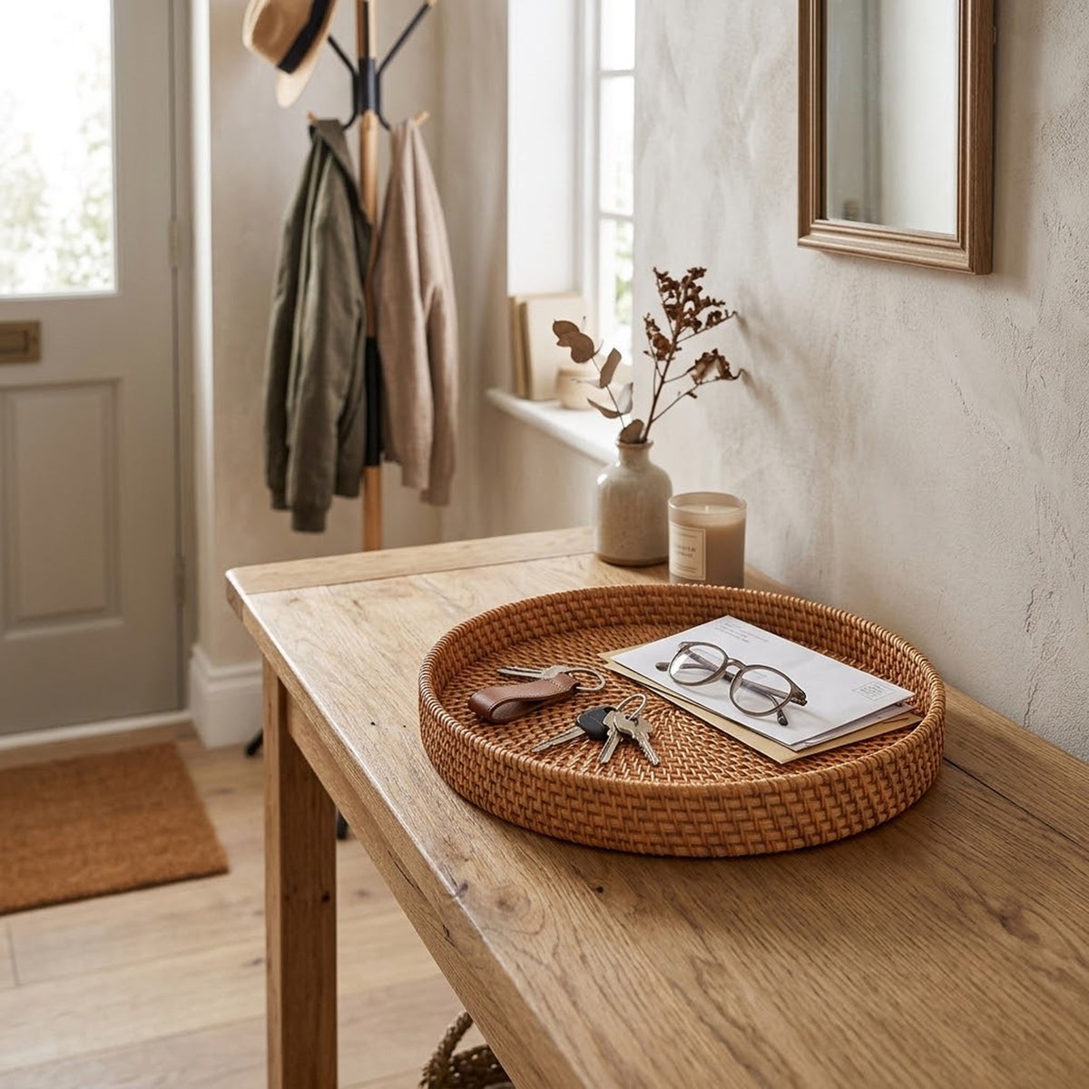Panier en osier dans un hall entrée