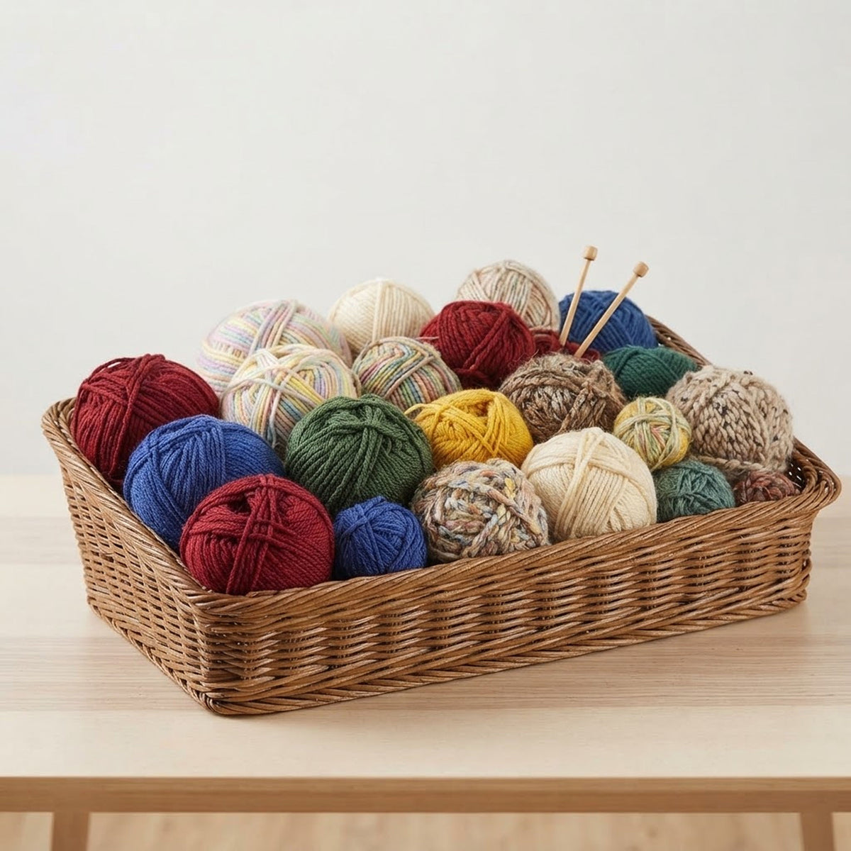 Panier de rangement avec des pelotes de laine à l'intérieur