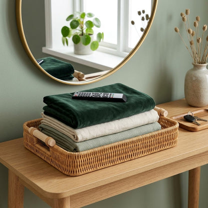 Panier en rotin de forme rectangle sur une table de bois près d'une fenêtre
