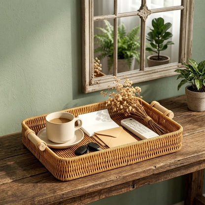 Panier en rotin sur une table de bois