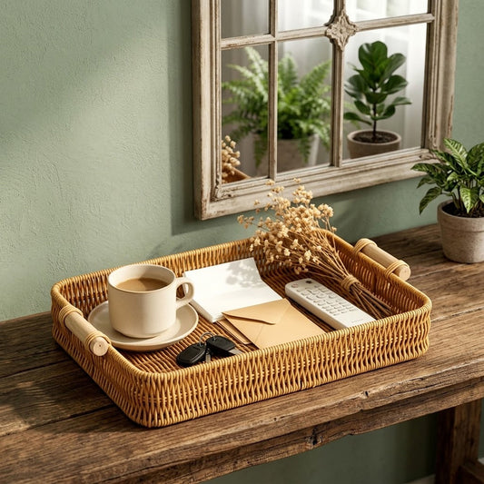 Panier en rotin sur une table de bois