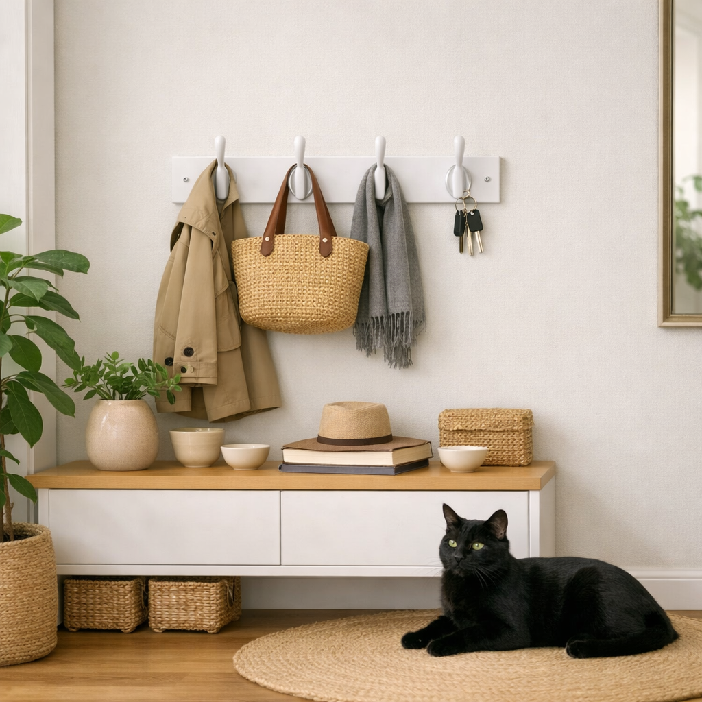 Patère blanche dans un hall d'entrée avec accessoires suspendus et un chat qui se repose