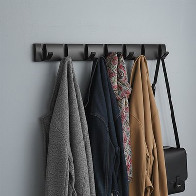 Vue de face de la patère porte-manteau avec manteaux et sac accrochés