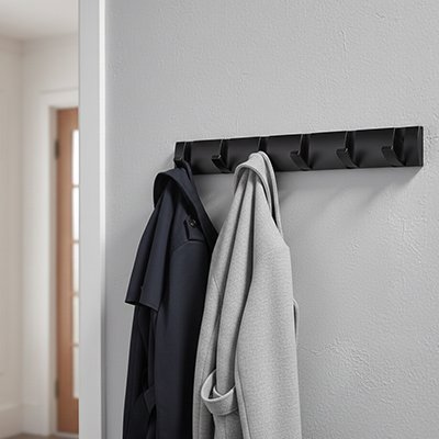 Patère murale horizontale avec 6 crochets en métal noir, fixée sur un mur blanc
