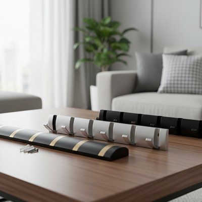  Patère porte-manteau murale en métal, posée sur une table, vue de face