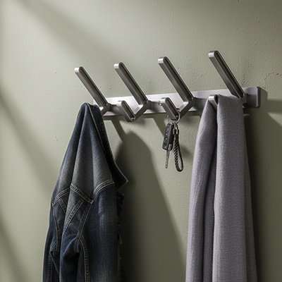 Patère 4 crochets installée dans une entrée, contre le mur pour libérer l’espace 