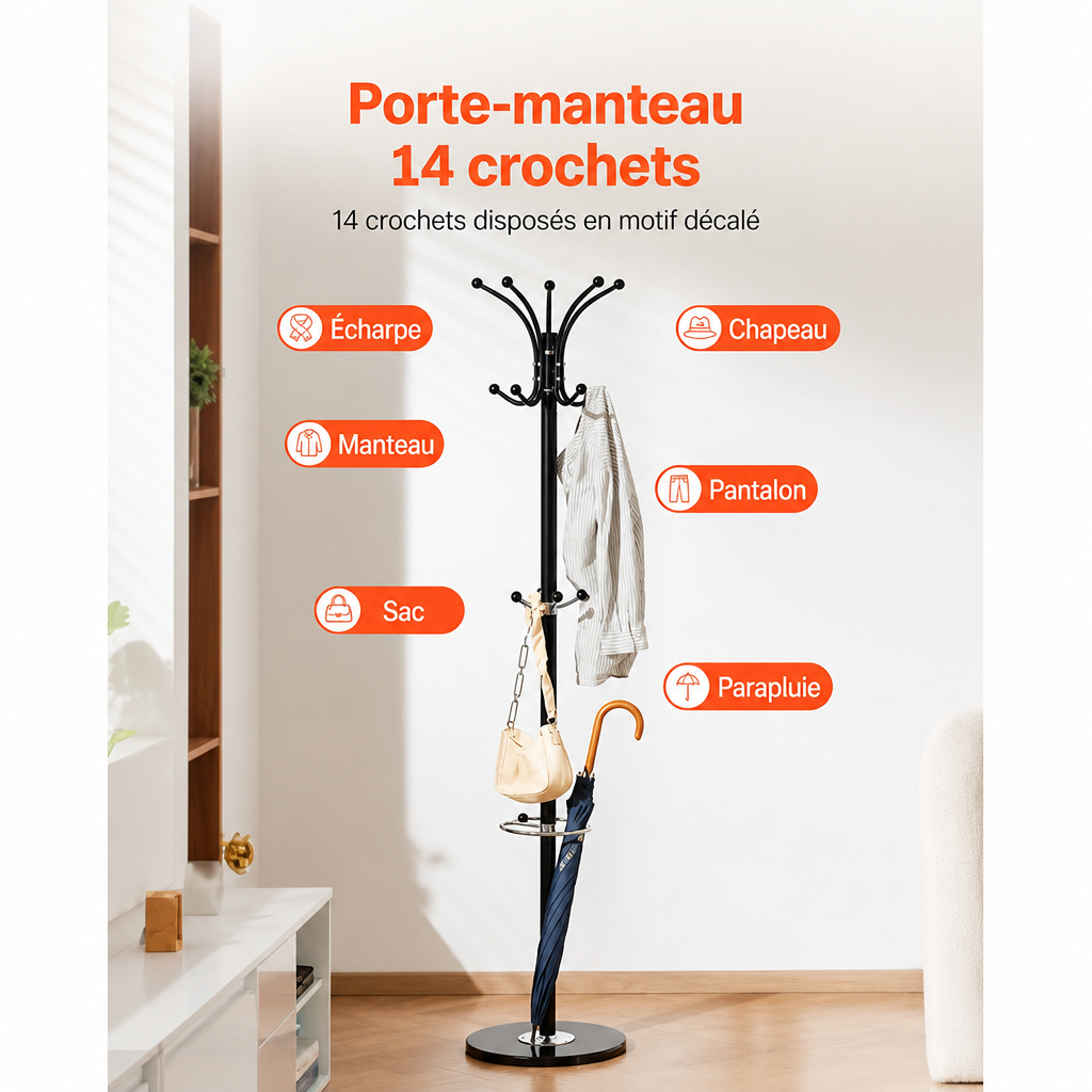 Porte manteau 14 crochets disposé