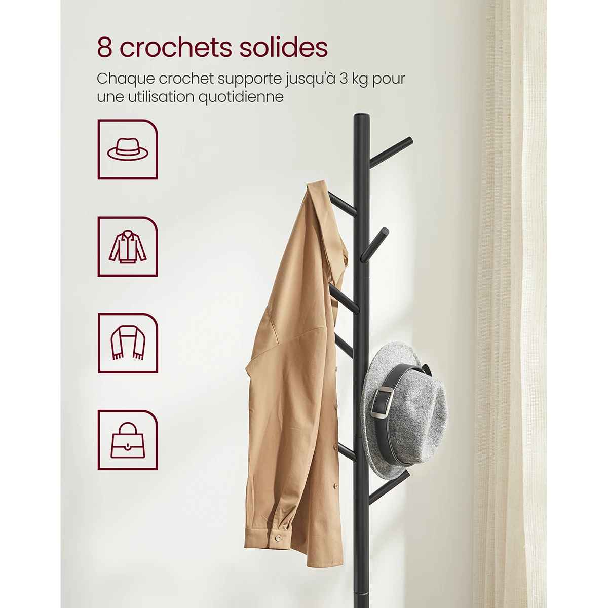 Porte-manteau noir avec 8 crochets ajustables