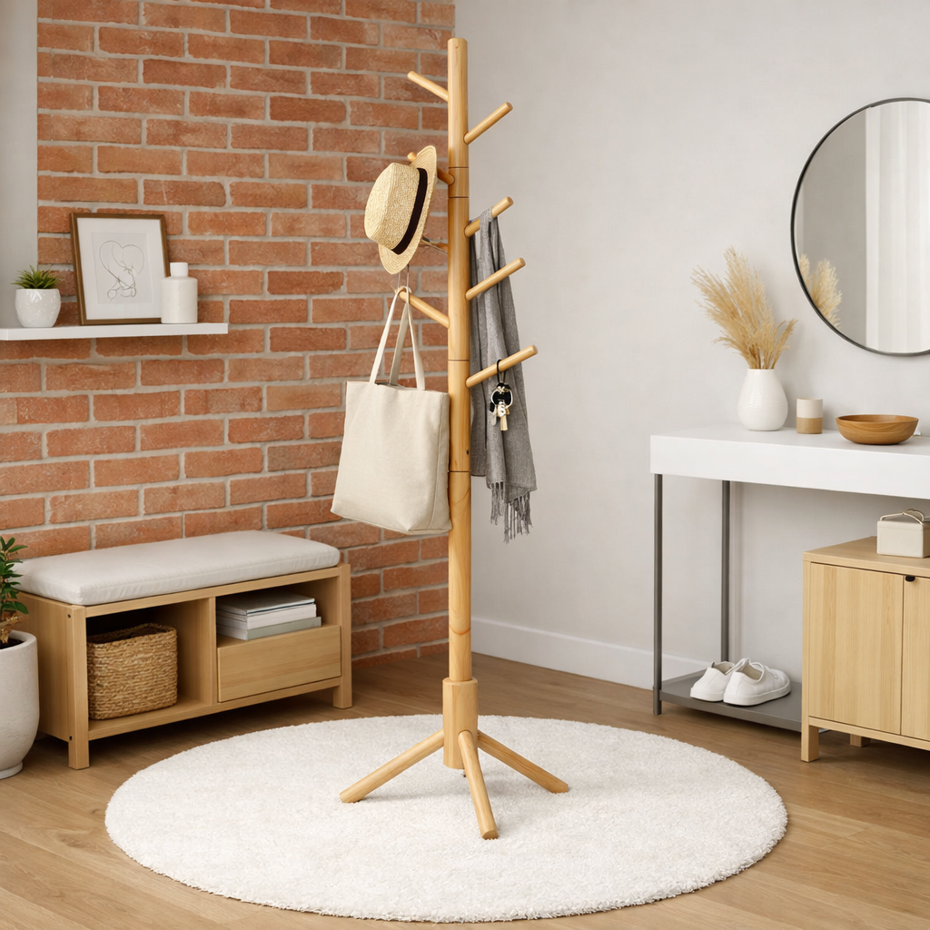 Porte-manteau en bois entrée avec manteaux et accessoires rangés