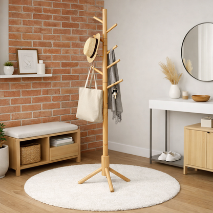 Porte-manteau en bois entrée avec manteaux et accessoires rangés