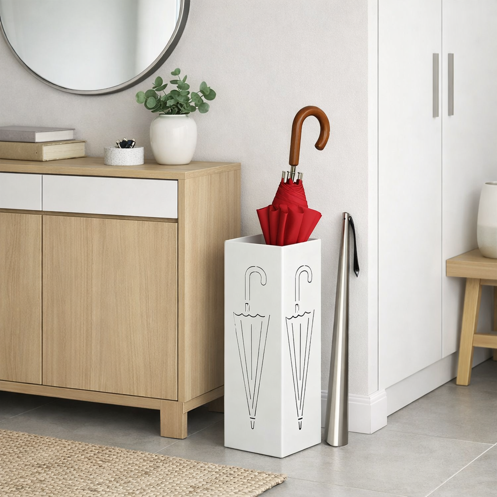 Porte parapluie blanc dans un entrée