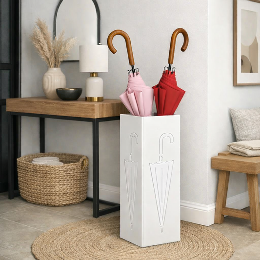 Porte parapluie blanc avec parapluie rangé à l'intérieur